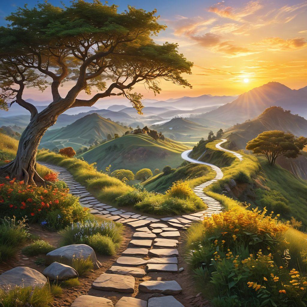 A serene landscape depicting a winding path leading to a radiant sunrise, symbolizing a journey toward financial independence and happiness. Include elements such as a flourishing tree representing growth, stacks of gold coins subtly integrated into the scenery, and joyful people practicing self-help activities. The atmosphere should evoke a sense of optimism and possibility. vibrant colors. super-realistic.