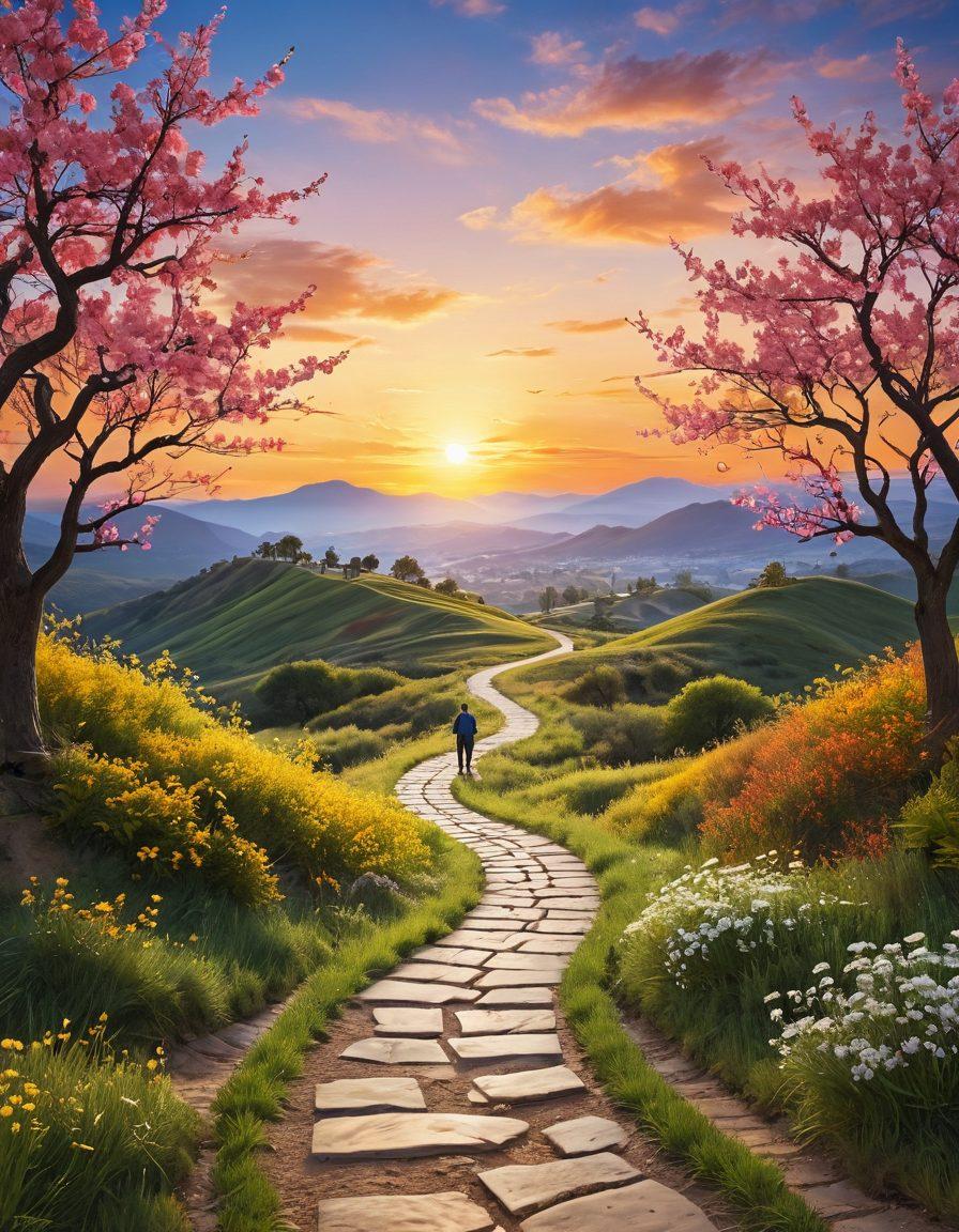 A serene landscape featuring a winding path leading to a bright horizon symbolizing financial freedom. Include vibrant symbols of prosperity like blooming trees and gold coins scattered along the path. Add a silhouette of a person joyfully walking towards the light, representing the journey to fiscal wellness. The sky should be a gradient of warm colors, conveying hope and joy. super-realistic. vibrant colors.