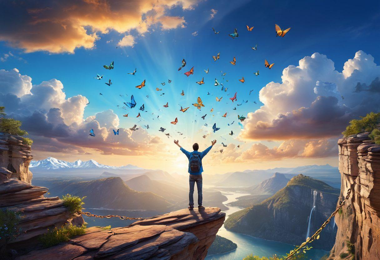 A serene scene of a person standing on a cliff overlooking a beautiful landscape, arms raised in triumph, symbolizing freedom from debt and embracing happiness. In the foreground, there are images of broken chains and floating dollar bills turning into butterflies. The sky is a vibrant blue with fluffy clouds, depicting a bright future ahead. The atmosphere is uplifting and motivational. super-realistic. vibrant colors. 3D.